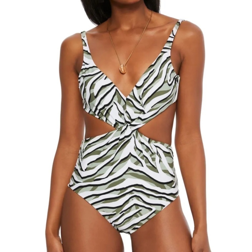 BAR III Women's Green Cutout Tie Hypno Beach Chic One Piece Swimsuit